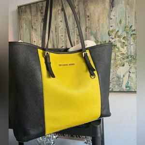 Michael Kors Jet Black Leather Stripe Carryall-Tot Bag Travel Bag